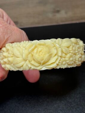 Vintage Cream Celluloid Floral Carved Bangle Bracelet